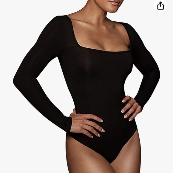 Bodysuits Sexy Ribbed Long Sleeve Square Neck One Piece Bodysuit - Picture 2 of 12